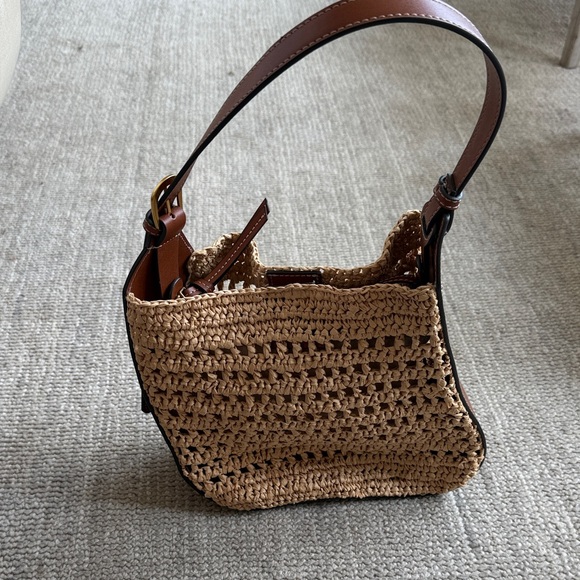 Mango Handbags - Mango Brown Woven Straw Shoulder Bag with Leather Trim